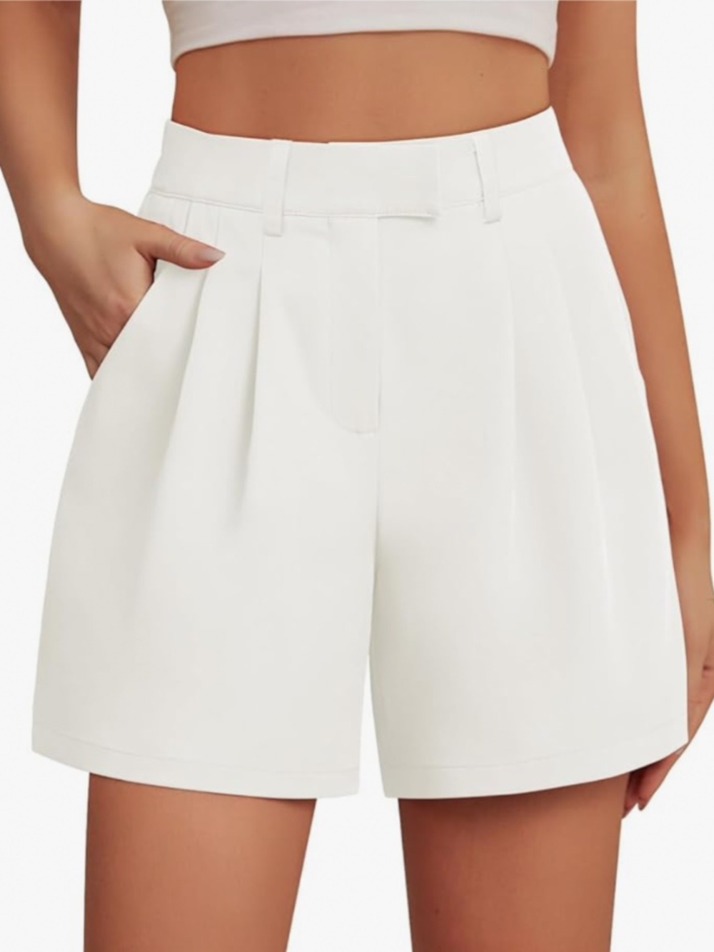 White Pleated Mid Thigh Shorts